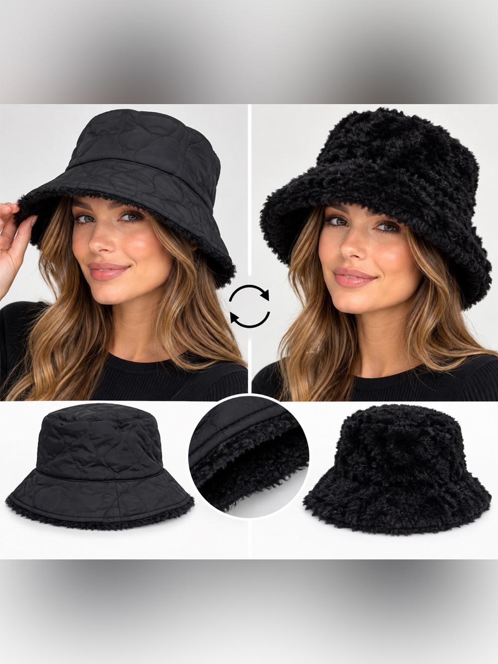 NWT Sonoma Reversible Sherpa Bucket Hat 2-in-1 Sherpa Quilted One Size Black